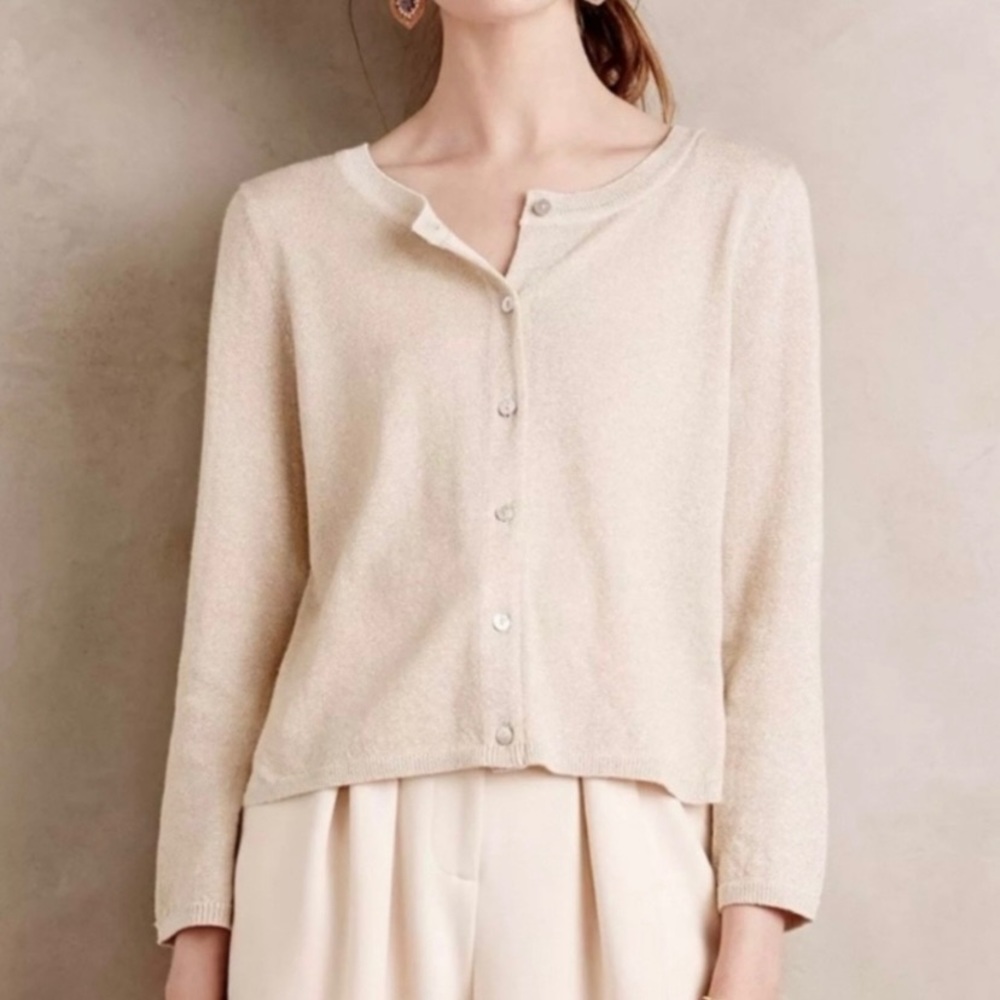 Anthropologie Knitted and Knotted Gold Lace Back Button Front Cardigan Size M